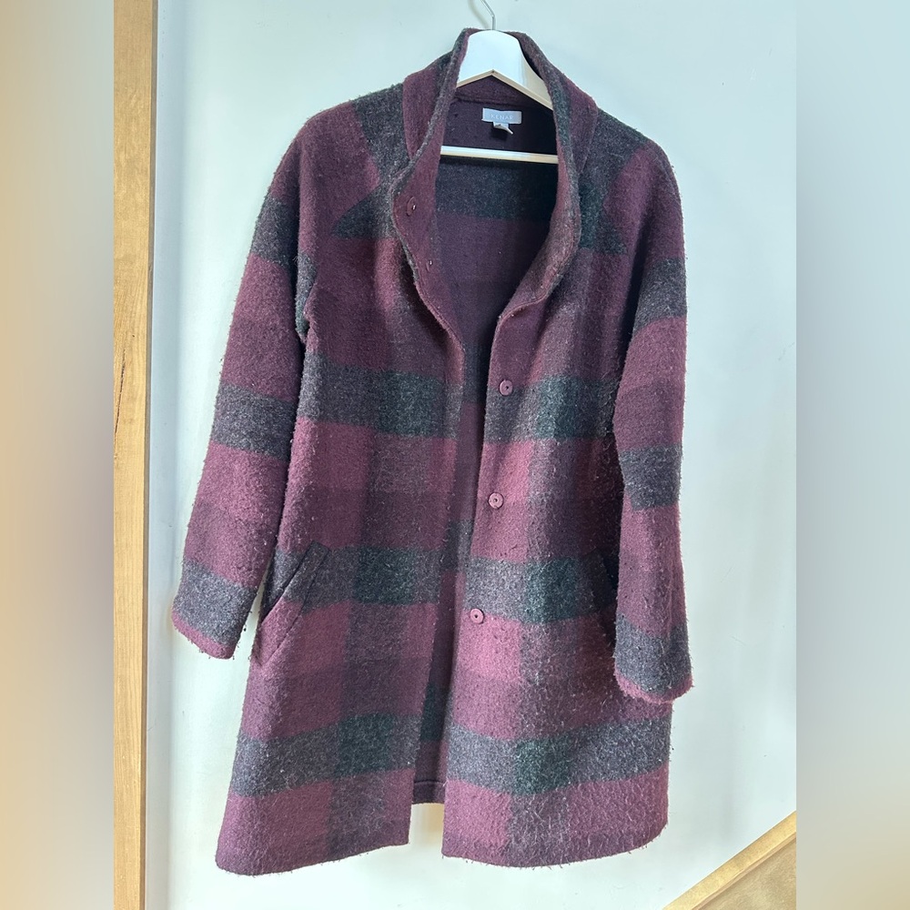 Kenar Burgundy and Gray Plaid Striped Wool blend Coat